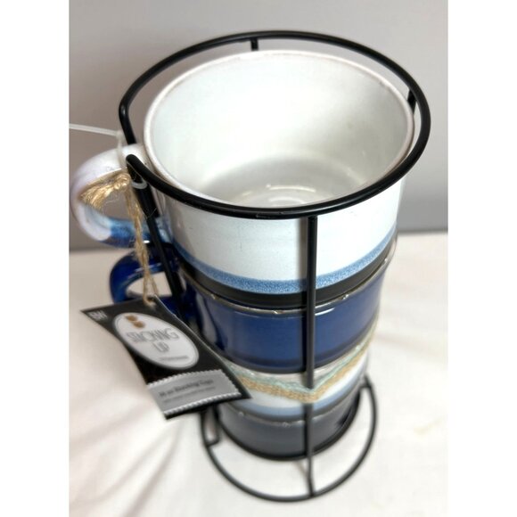 Boston Warehouse Stacking Up Stoneware 16 Oz Blue & White Stacking Cups Set With - Picture 3 of 6